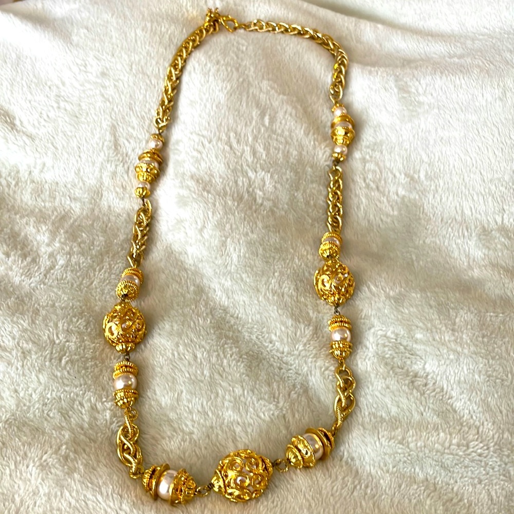 Monette of Paris Vintage Ornate Gold & Pearls Necklace